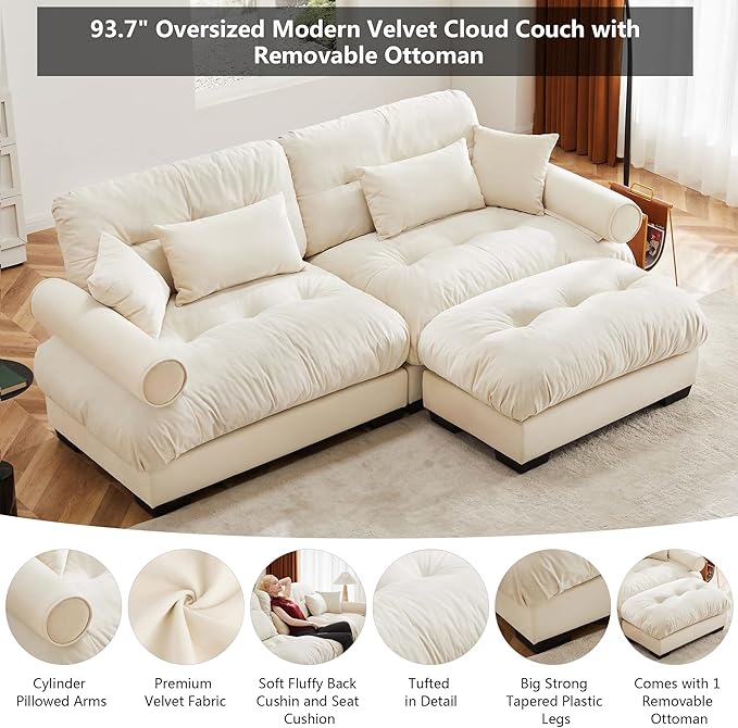 Aoowow Oversized 2 Seater Cloud Sofa Couch with Ottoman for Living RoomLarge Modular Sectional L-Shaped Cloud Sofas Deep SeatModern Velvet 2 Seat Couches Lounger SleeperTufted