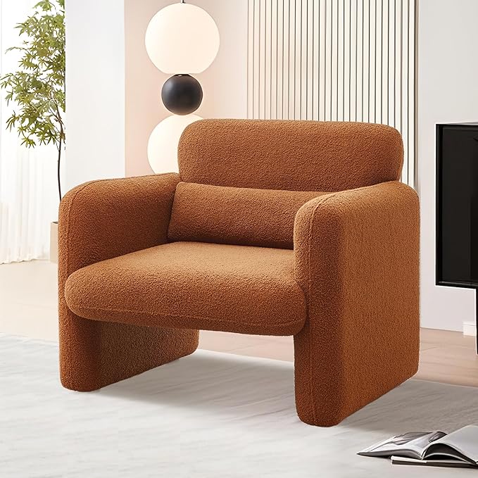 Modern Accent Single Sofa Chair with Arms Lamb Fabric Upholstered Comfy Reading Arm Chair for Bedroom Living Room-Beige