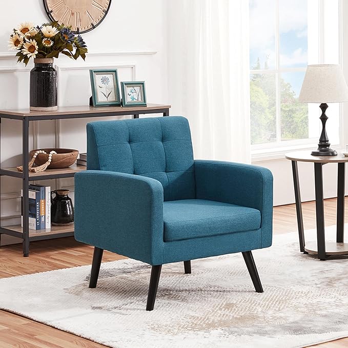 Topeakmart Mid Century Accent Chair Modern and Cozy Barrel Sofa Chair with Thick Cushion and Sturdy Wood Legs for Living Room/Bed Room/Office Waiting Area Navy Blue