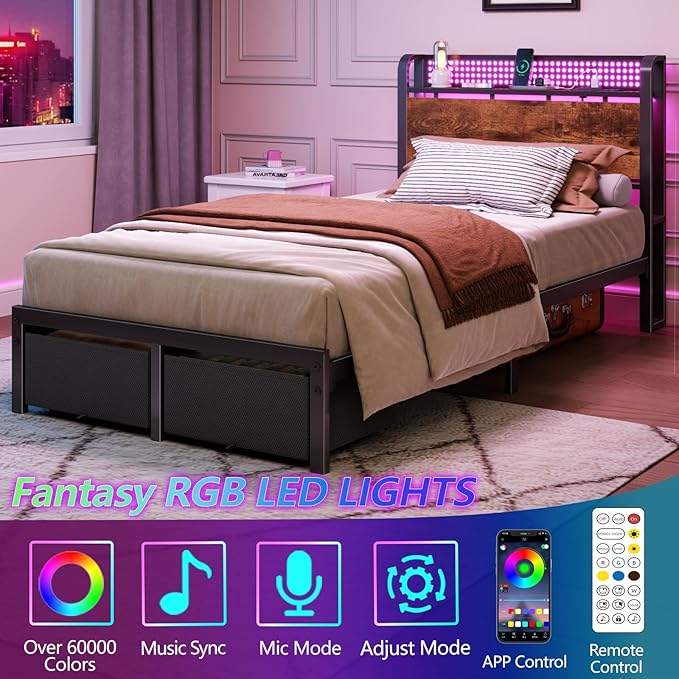 Furnulem Twin Bed Frame with 2 Storage Drawers &amp Charging Station Twin Platform Bed Frame with Headboard &amp LED Lights No Box Spring Needed All in One Easy to Install Noise Free (800 lbs C