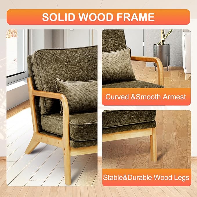 Modern Accent Chair with Lumbar Pillow Relaxing Mid Century Chair Armchair with Solid Wood Frame &amp Soft Cushion Reading Leisure Armchair for Living Room Green