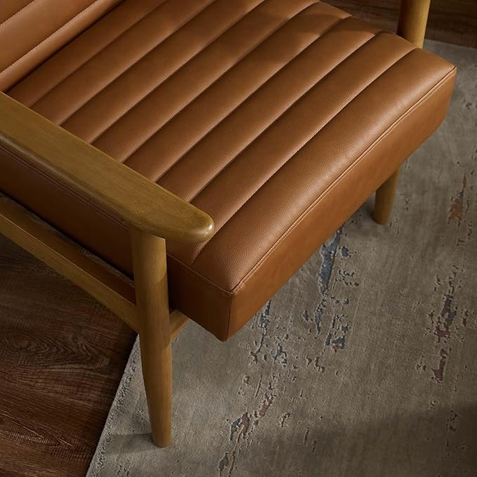 Modway Jensen Vegan Leather Accent Chair in French Oak Tan - Mid-Century Modern Armchair with Solid Wood Legs &amp Armrest - Upholstered Faux Leather Single Side Chair - Reading Chair for Living Room