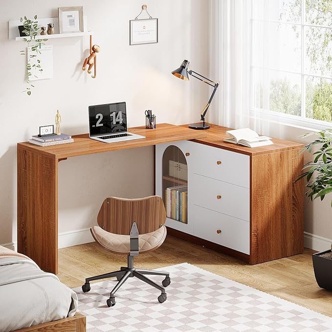 Tribesigns L Shaped Computer Desk with Drawers Modern Corner Home Office Desk with Reversible Storage Cabinet Long Study Writing Desk Workstation for Home Office Rustic Brown
