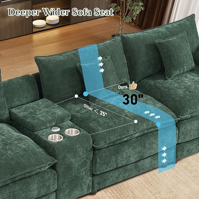163 Oversized Modular Sectional Sofa U Shaped Cloud Couch Modern 6 Seat Sofa Set for Living Room Comfy Chenille Deep Seat with Storage Central Console Movable Ottomans Cup Holders USB Ports Green