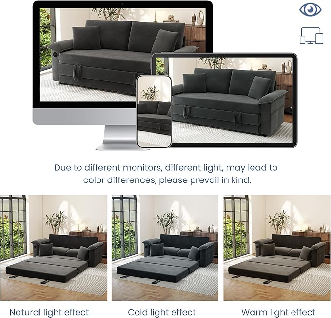SUNWAVE Oversized Loveseat Sleeper Sofa 77 Convertible Sofa Bed 2-Seat Pull Out Couch w/USB Chenille Queen Folding Sofa Bed for Living Room Small Spaces Bedroom (Black)