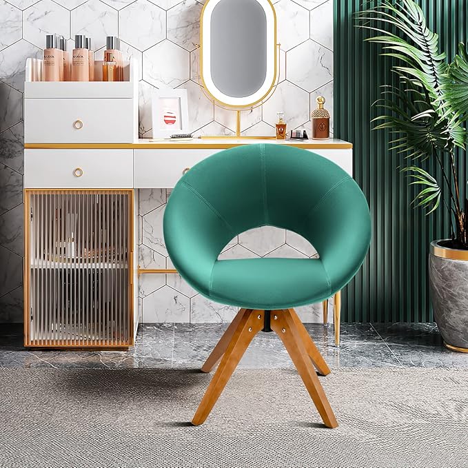 Giantex Swivel Accent Chair Modern Office Chair with Wood Legs Oversized Upholstered Seat Round Tufted Back Velvet Vanity Chair for Living Room Bedroom Green