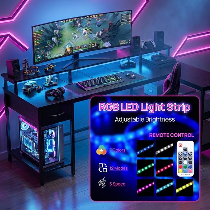Alpen L Shaped Gaming Desk 47 Inch Computer Desks with Drawers Corner Desk Gaming Table with LED Lights &amp Power Outlets Monitor Stand Home Office Desk for Living Room Bedroom Black