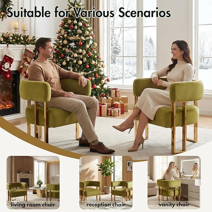 Modern Barrel Accent Chairs Set of 2 Comfy Upholstered Velvet Armchairs for Living Room with Semi-Open Back Reading Accent Chairs with Gold Metal Legs for Bedroom Vanity Reception Olive Green