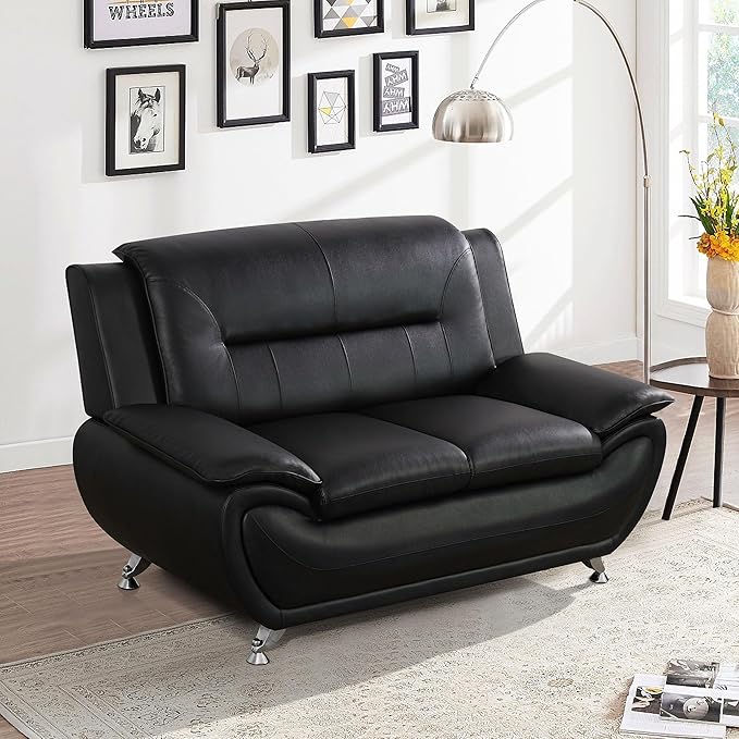 Leather Loveseat Sofa60 Love Seat Couch for Living RoomModern Leather Couch with Metal LegsSmall Love seat Sofa for ApartmentBedroomOfficeDormLounge(Black)