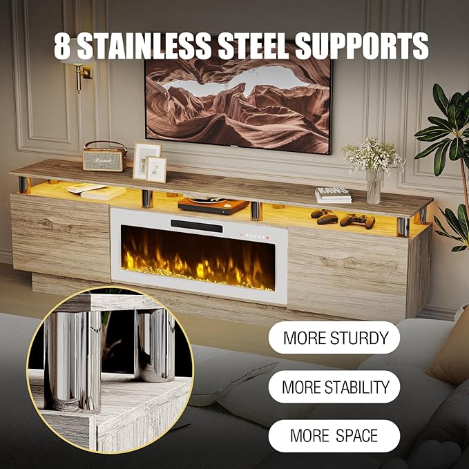 80 Modern Fireplace TV Stand with 36 Electric Fireplace for TVs Up to 90 inch Luxury LED Light Entertainment Center with High Gloss Cabinet Grey + Silver Posts with White Fireplace