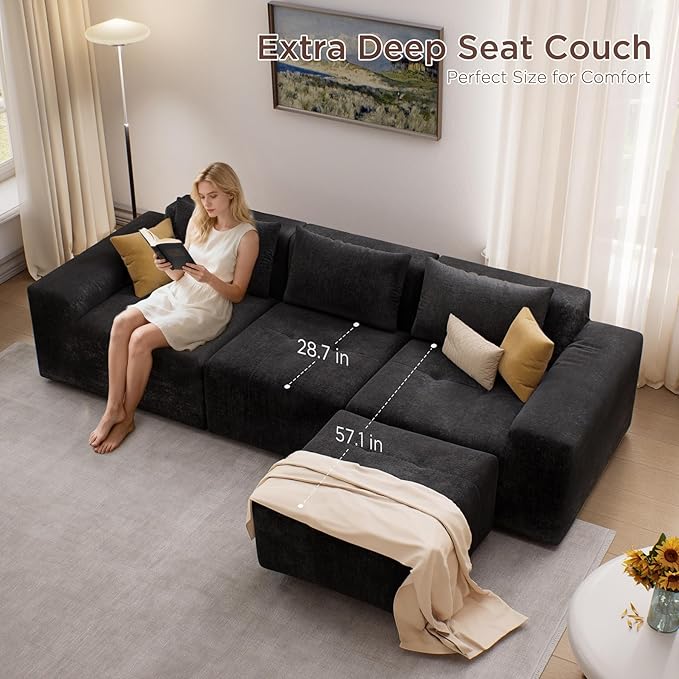 Maupvit 108 Modular Sectional Sofa Modern Cloud Couch L-Shaped Convertible Sleeper Sofa Bed with Movable Ottoman Deep Seat Boneless Comfy 3 Seater Couches for Living Room Black | Breathable materi