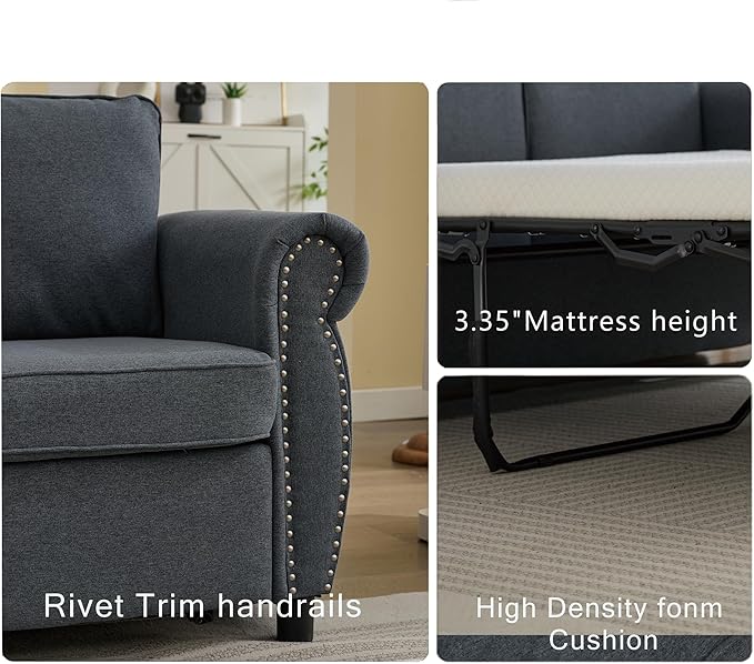 81.5 2-in-1 Queen Convertible Sleeper Sofa Bed Pull Out Couch Bed3 Seater Sofa Bedwith 3.35 Memory Foam MattressRivet HandrailLiving Room Apartment (Dark Gray)