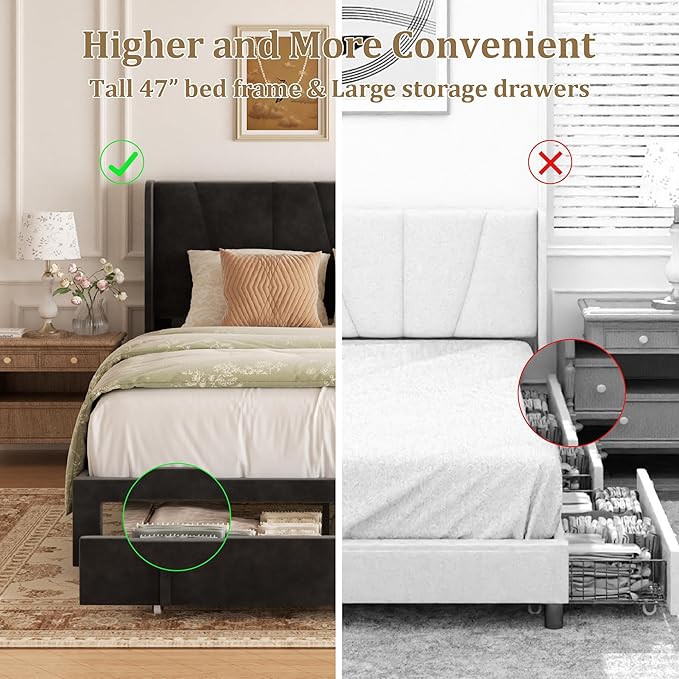 Full Bed Frame with Storage Drawers Velvet Upholstered Full Size Platform Bed with 47 Tall Headboard and Wingboard No Box Spring Needed Noise Free Easy Assembly Wooden Support Slats Black