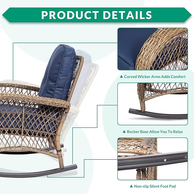 VIVIJASON 2 Piece Patio Wicker Rattan Rocker Chair Outdoor Rattan Rocker Chair with Cushions &amp Steel Frame All-Weather Rocking Lawn Wicker Furniture for Garden Backyard Porch (Navy Blue)