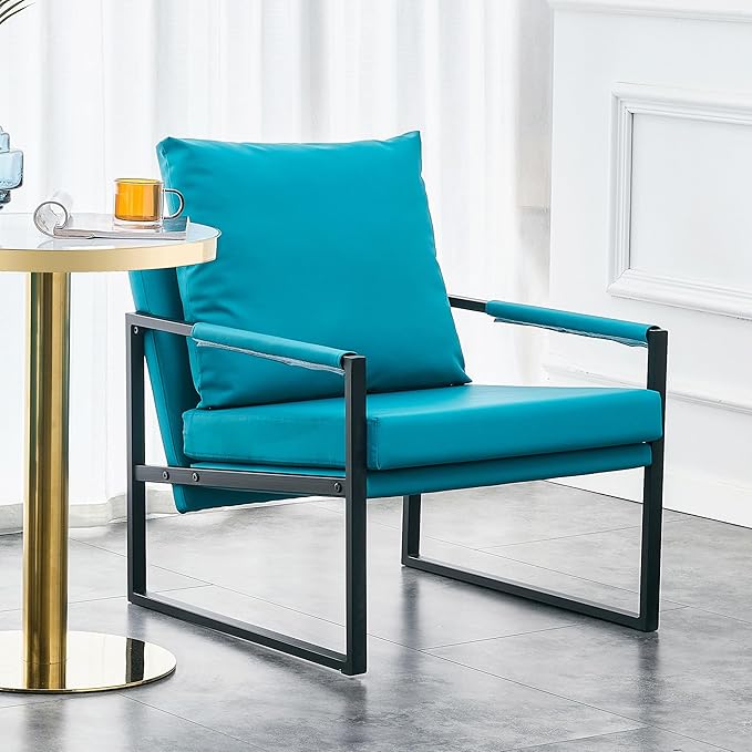 Upholstered Armchair Modern Accent PU Leather Chair Living Room Chairs with Golden Metal Legs and Soft Padded Sofa Chairs for Home Office/Bedroom/Dining Room Cyan