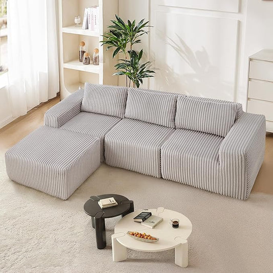 101 Cloud Couch Boneless Modular Sofa Compression Memory Foam Sectional Couches Comfy Corduroy L Shaped Sofas with Chaise Lounge for Living Room No Assembly Required (Light Gray 101in)
