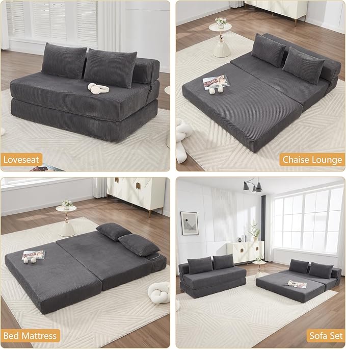 Folding Sofa Bed Full Size Modern Corduroy Floor Boneless Loveseat Couch Bed with 2 Pillows Comfy 3 in 1 Convertible Sleeper Sofa for Living Room Apartment Dorm Small Space Grey