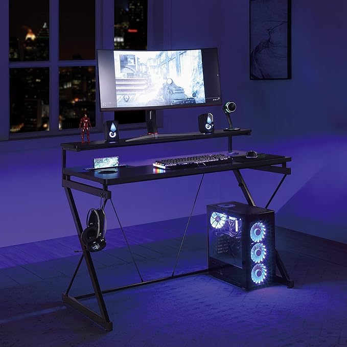 OSP Home Furnishings Emulator Battlestation Gaming Desk with RGB LED Lights Black