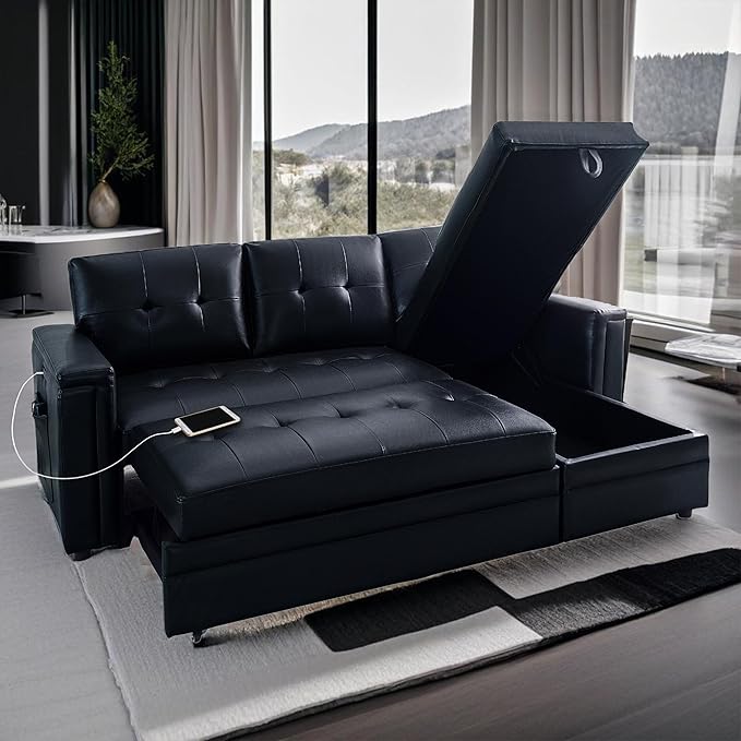 Naomi Home Lily Sectional Sleeper Sofa with USB Ports-L-Shaped Couch Convertible Pull-Out Bed Ample StorageTimeless DesignSturdy ConstructionLong-Lasting for Modern Living - Black Air Leather