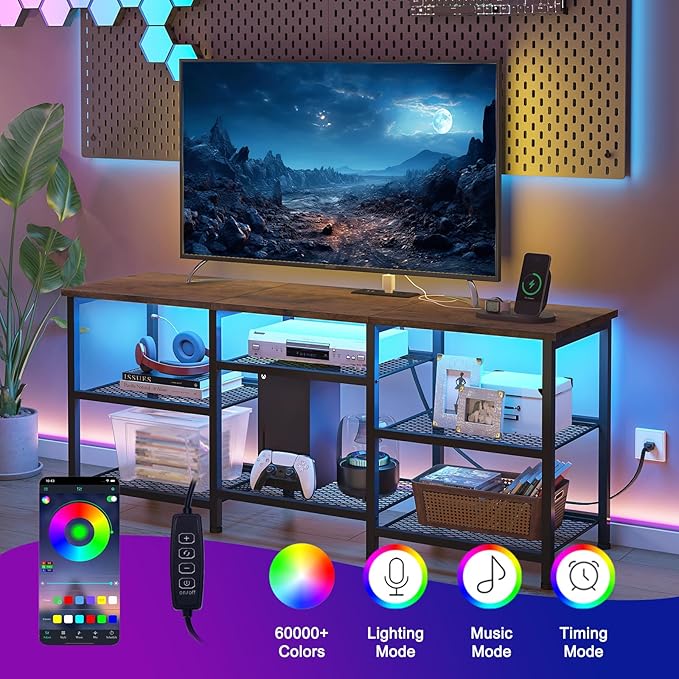 YGEOMER TV Stand for TVs Up to 55 Inches Entertainment Center with Power Outlet and LED Lights Open Storage Shelves TV Media Console Table for Living Room and Bedroom Rustic Brown