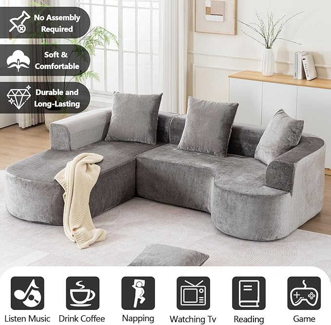 100“ Curved Sectional Couches for Living Room L Shaped Sectional Couch with Deep Seat &amp 3 Pillows Compression Sofa in a Box &amp Cream Couch with Wide Armrest No Assembly Required (Grey)