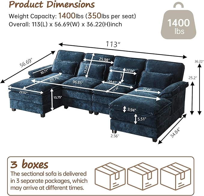 113 U Shaped Sectional Sofa Comfy Cloud Couch Chenille Sofa Sleeper Deep Seat Sofa with 4 Throw Pillows 4-Seater Double-Layer Modern Sofa for Living Room Dark Blue