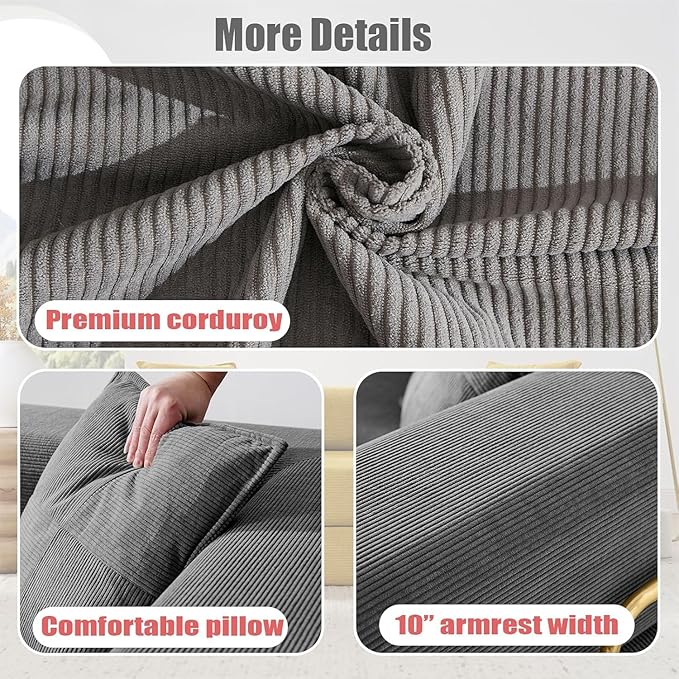 Convertible Folding Sofa Bed Modern Futon Sleeper Sofa Fold Out Couch Bed with Gold Fixed Frame Modular Floor Sofas Comfy Corduroy Boneless Couches for Living Room (78 Grey)
