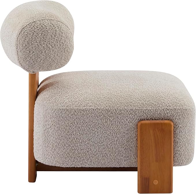 Modern Sherpa Accent Chair Upholstered Armless Slipper Chair Cute Furry Chairs with Curved Backrest and Solid Wooden Legs Side Chairs for Living Room Bedroom Reading Room (Boucle Almond)