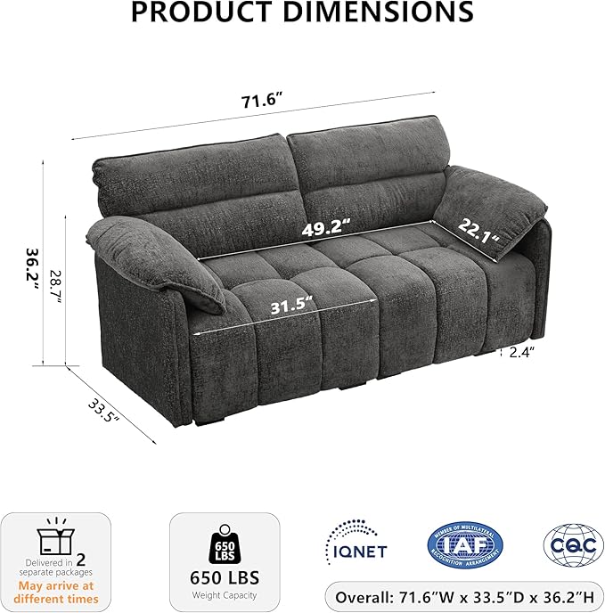 71.6 Loveseat Modular Sectional Couch 2 Seat Chenille Boneless Couch with Removable Armrest for Living RoomBedroom Apartment(Grey)