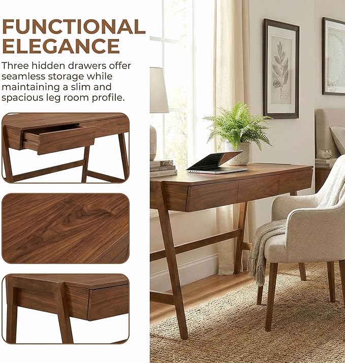 Walnut Wood Desk with Drawers Home Office Desk Mid Century Modern Writing Table for Bedroom Vanity Living Room Study Workstation