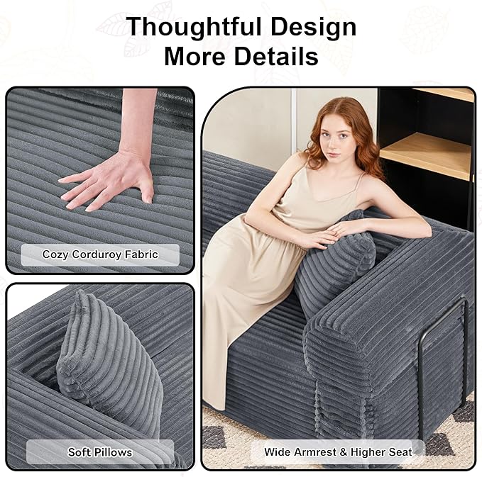 83'' Boneless Couch in A Box No Assembly Needed Sofa Bed Couch 3 Seater Corduroy Modern Cloud Sofa 29'' Deep Seat with 2 Pillows &amp Removable Backrest for Living Room Bedroom Apartment Gray | N