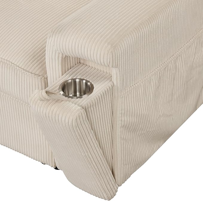 Modern Upholstered L-Shaped Convertible Corner Sofa Couch Pull-Out Sofa Bed Sleeper Sectional Sofa with Storage Bags and 2 Cup Holders on Arms for Living Room Office Apartment (Beige-2C)