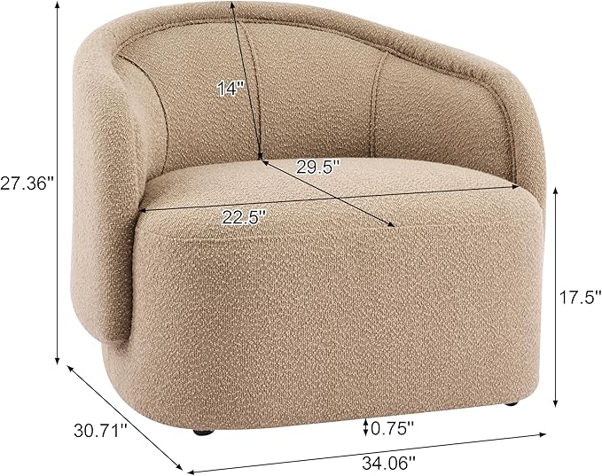 Scott Living Amanda Carly Low Profile Accent Chair Round Backrest Side Chair Living Room Armchair with Boucle Fabric Cushion Comfy Reading Chair for Bedroom Wooden Single Lounge Sofa Dark Beige