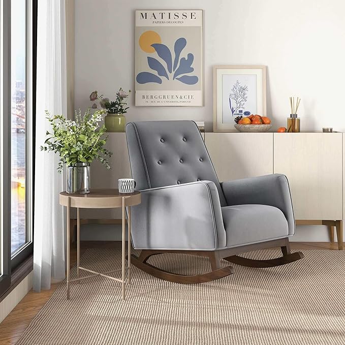 Demetrius Light Grey Fabric Rocking Chair - Living Room Accent Chair Nursery Glider Chair Maximum Weight Capacity 300lbs