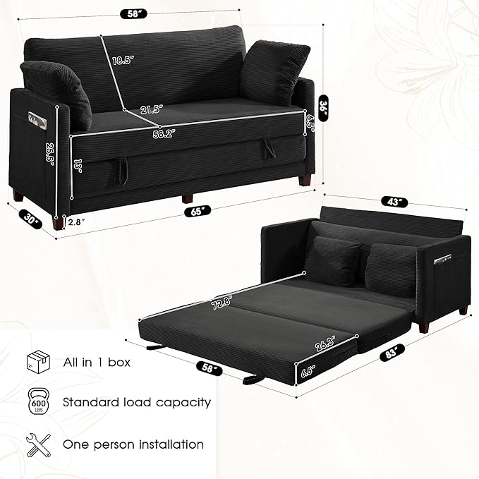 65 Convertible Loveseat Sofa Bed 2-in-1 Folding Sofa Bed with 2 Pillow for Small Spaces Modern Loveseat Sleeper Couch for Apartment Living Room &amp Guest Room (Black Corduroy 65 inch)