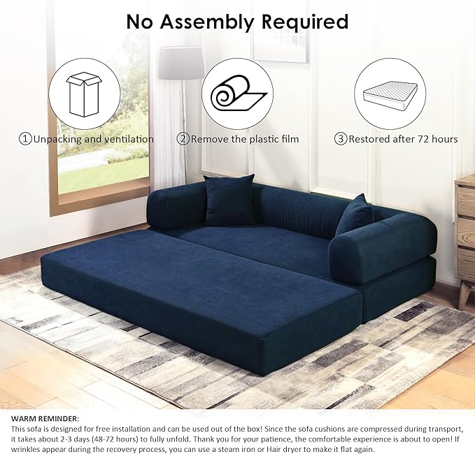 80 Convertible Sofa Bed Corduroy Deep Seat Folding Pull Out Couch with Pillows No Assembly Modern Boneless Couch Compression Sofa in Box Floor Sofa with Storage Pocket for Living RoomNavy Blue