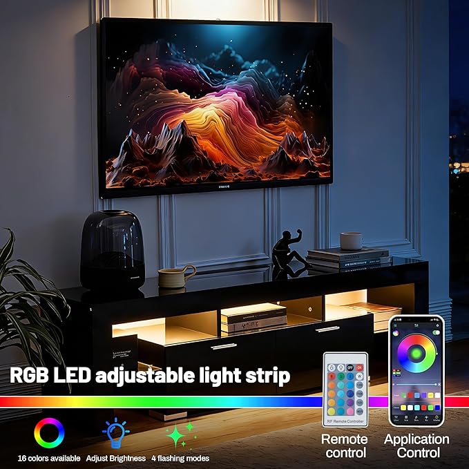 Nrizc Black LED TV Stand for 75 Inch TV High Gloss TV Entertainment Center with Storage Drawer TV Console Table for Living Room Bedroom
