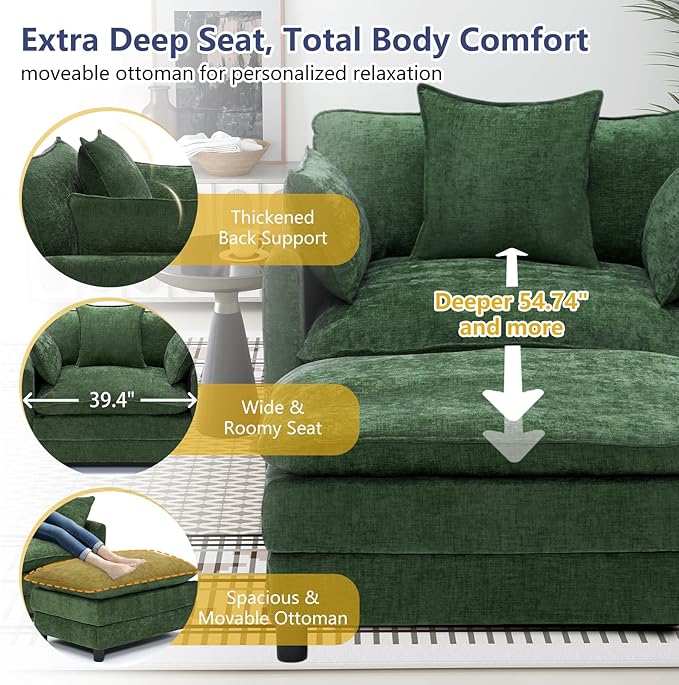 cinkehome Oversized Accent Chair with Ottoman Comfy Upholstered Armchair with Deep Seat Overstuffed Lounge Chair for Living Room Reading Nook (Green Chenille)