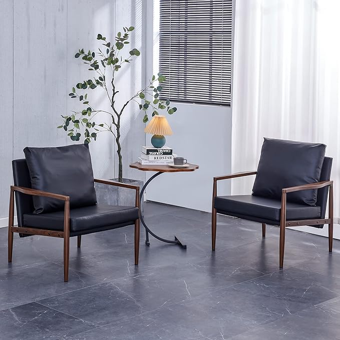 Sofa Chair.Black PU Leather Accent Arm Chair Mid Century Modern Upholstered Armchair with Imitation Solid Wood Color Metal Frame Padded Backrest and Seat Cushion Sofa Chairs for Living Room