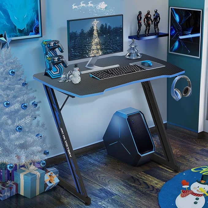 HKLGorg Gaming Desk Computer Desk Z Shaped Gaming Table Writing Modern Ergonomic Racing Style Home Office Table Workstation Carbon Fiber Headphone Hook for Men Boyfriend Female Gift (Blue 39)