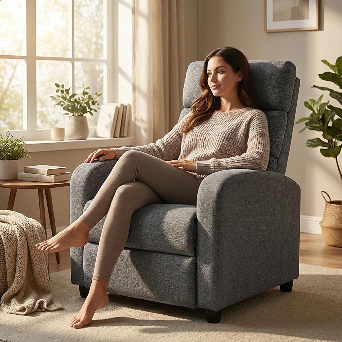 Furnimart Small Manual Recliner Chair for Small Spaces Overstuffed Chenille Reclining Chair with Chunky Cushion Comfortable Single Sofa Recliner for Adults Living Room Bedroom Home Theater Gray
