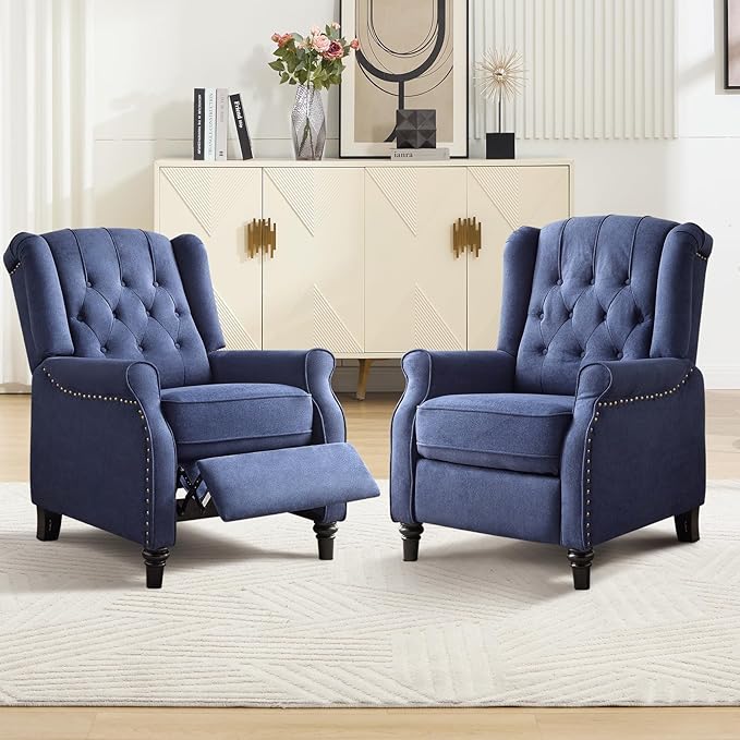 EBELLO 2 Pcs Push Back Recliner Chair Fabric Accent Chair Pushback Recliner with Rivet Decoration Button-Tufted Back Mid Century Wingback Armchair for Living Room Bedroom Blue