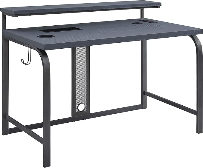 OSP Home Furnishings Reload Gaming Desk with Wireless Charging USB Power Hub and Remote Controlled RGB LED Lights Matte Grey Carbon Fiber