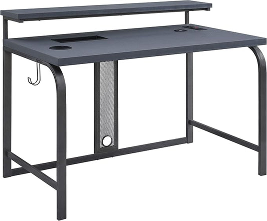 OSP Home Furnishings Reload Gaming Desk with Wireless Charging USB Power Hub and Remote Controlled RGB LED Lights Matte Grey Carbon Fiber