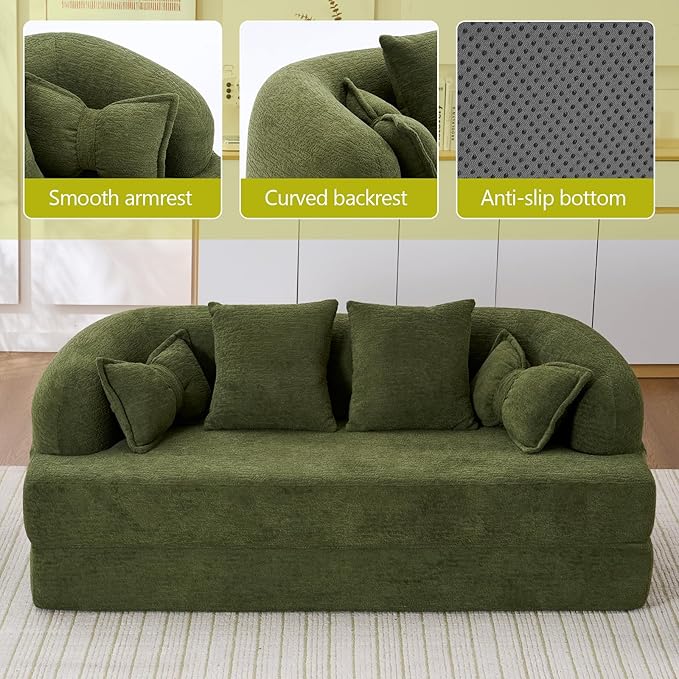 69.9 Folding Sofa Bed Full Sponge Convertible Sofa Bed with Wood Grain Chenille Fabric Easy to Carry Multi-Functional Guest Bed for Living Room Apartment Office