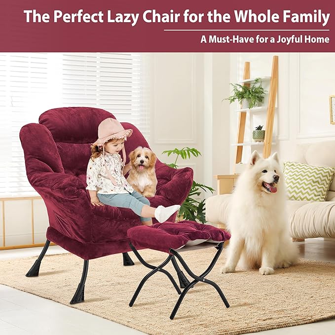 Lazy Chair with Folding Ottoman Accent Chair Plush Upholstered with Metal Structure and Non-Slip Pads Sofa Armchair with Footrest and Side Storage Bag for Dorm Room Office Rose Red