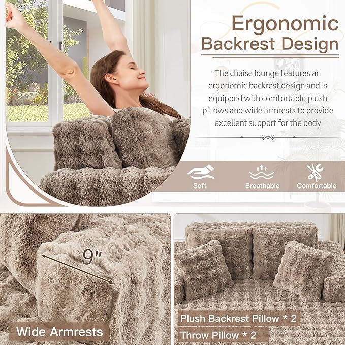 56 W Oversized Chaise Lounge Chair IndoorPlush Faux Fur Sleeper Couch Sofa Bed with PillowsFluffy Comfy Cloud SofaCompression Foam Boneless Couch for Living RoomBedroom(Bubble Brown)