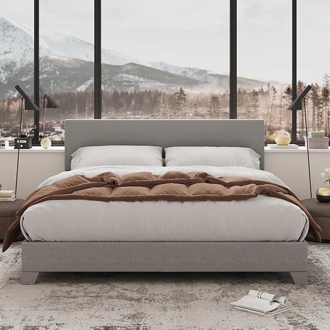 Allewie Queen Bed Frame with Upholstered Adjustable Headboard Platform Bed with Wood Slats Heavy Duty Mattress Foundation No Box Spring Needed Easy Assembly Light Grey