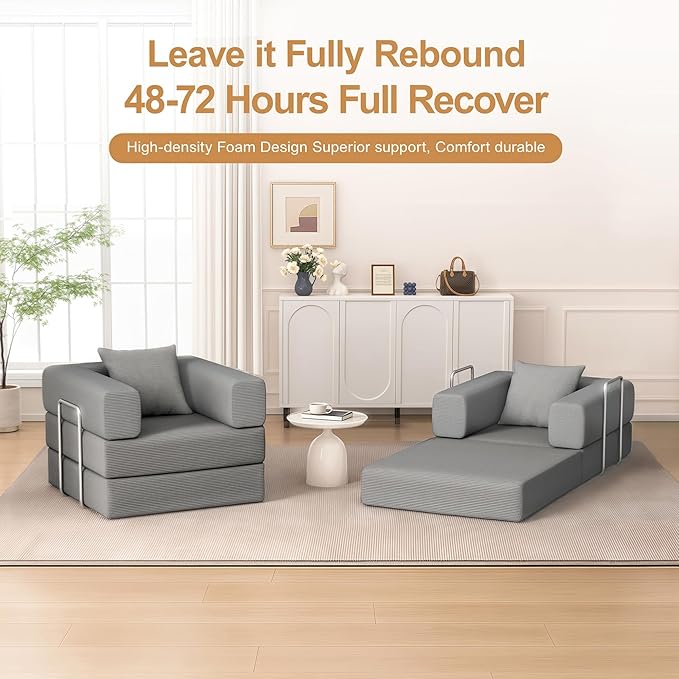 2-in-1 Floor Foldable Sofa Couch Convertible Sleeper Chaise Lounge Chair Indoor Portable Fold Out Futon Mattress with Back Support for Living RoomBedroom (Gray 35.43 Single Sofa)