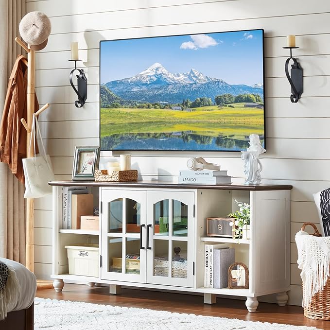 Farmhouse TV Stand for 60 Inch TV Wood Entertainment Center with Adjustable Shelves &amp Glass Door Storage CabinetTelevision Stands for 65 TVSTV Console Table for Living RoomBedroomWhite